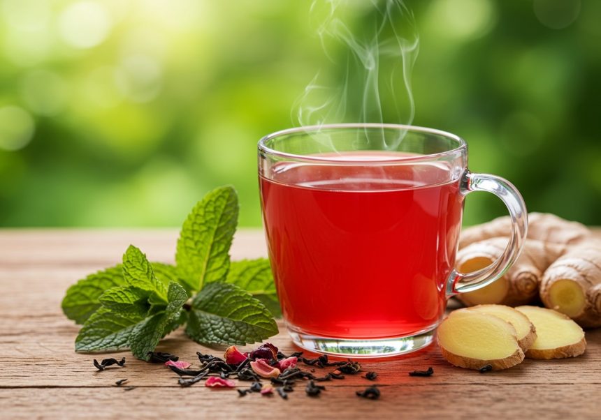 O cană de ceai roșu aburind, înconjurată de mentă și ghimbir.