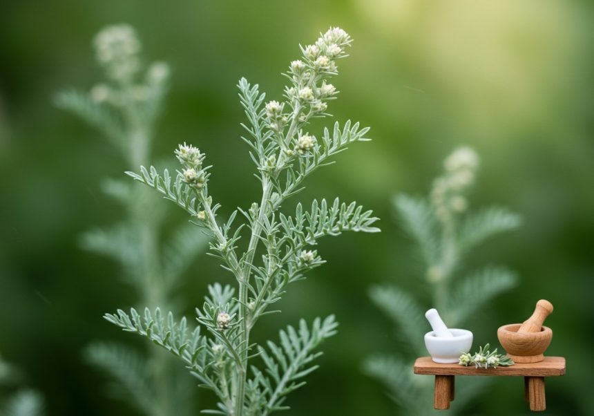 Cimbrișorul de câmp cu flori albe, pe fundal verde, simbolizând puterea sa vindecătoare.
