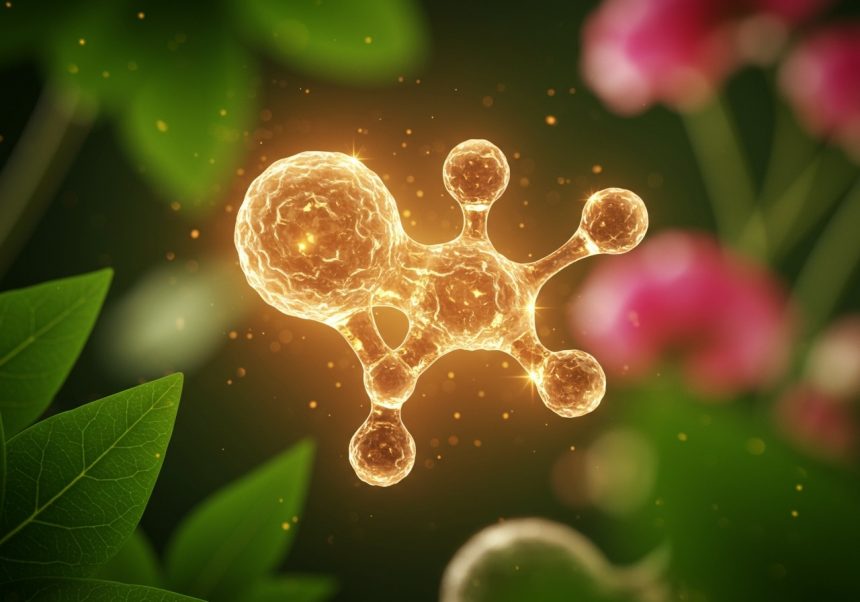 Moleculă de colagen strălucitoare, simbolizând sănătatea și frumusețea.