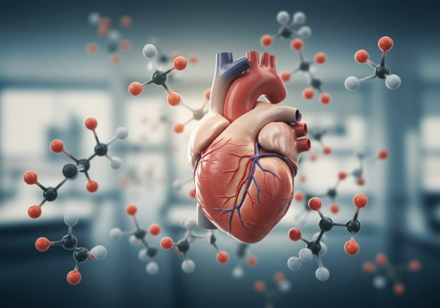 Un model 3D al inimii umane înconjurat de molecule, simbolizând efectele coenzimei Q10.