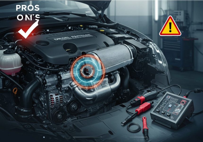 Motor diesel cu filtru DPF evidențiat, instrumente de diagnosticare alături.