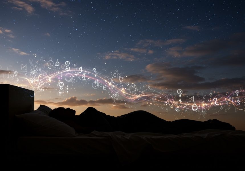 O persoană doarme în pat, sub un cer înstelat, cu simboluri luminoase în jur.