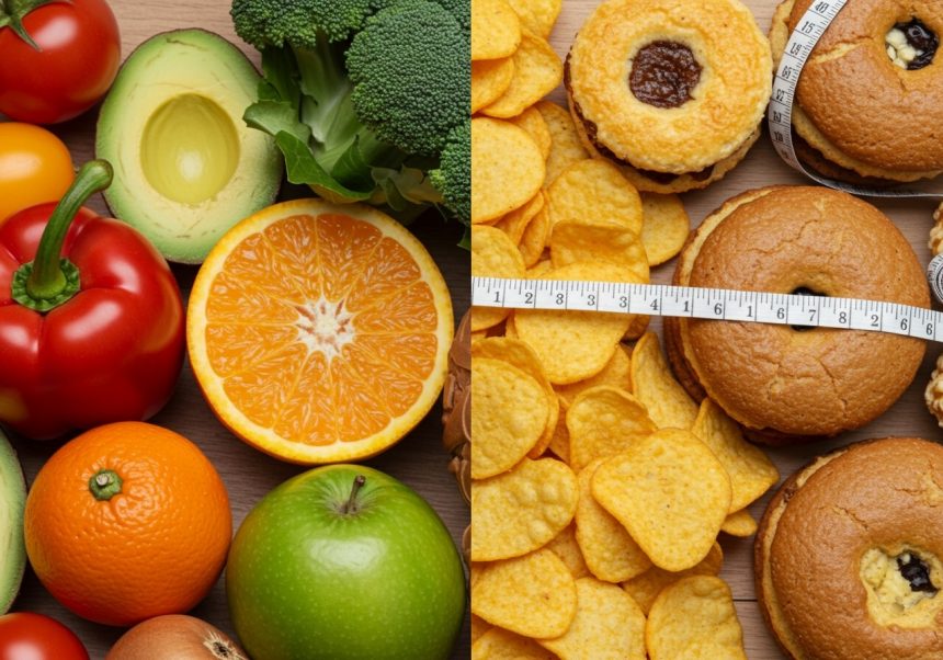 O jumătate de masă cu legume și fructe proaspete, cealaltă cu snacks-uri și prăjituri.