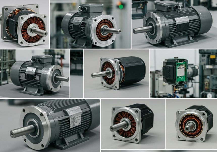 Diverse motoare electrice, evidențiind componentele interne și designul lor modern.