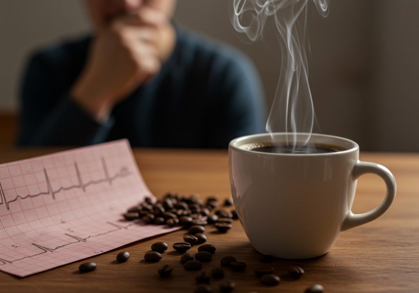 O cană de cafea aburindă pe o masă, alături de boabe de cafea și un ECG.
