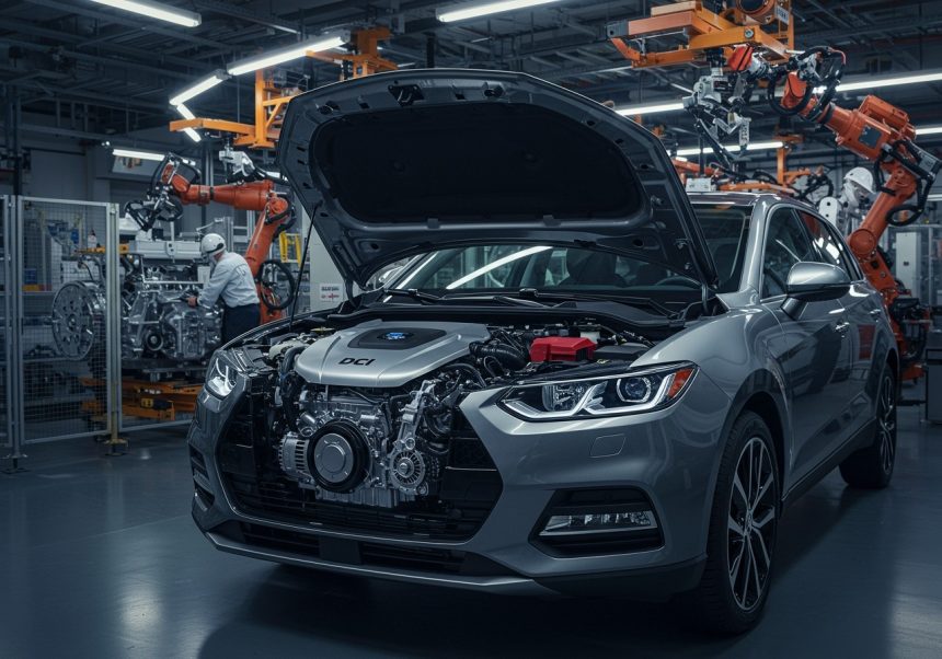 Un motor DCI expus într-o fabrică auto, evidențiind tehnologia avansată.