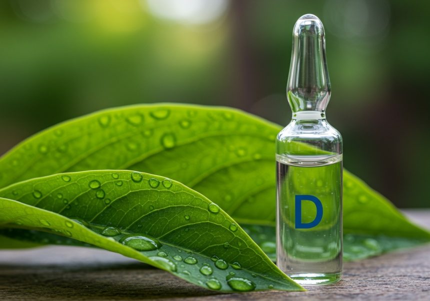 Flacon cu vitamina D pe frunze verzi, simbolizând sănătatea tiroidei.