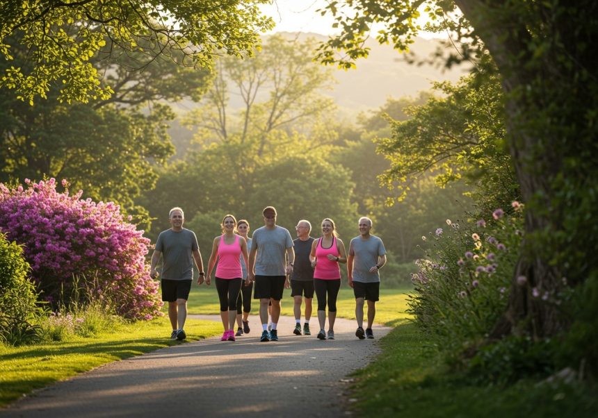 Un grup de persoane merg pe o alee într-un parc, înconjurate de natură.