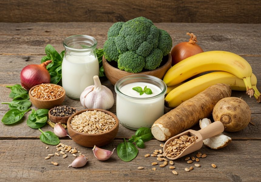 O varietate de alimente bogate în prebiotice, inclusiv broccoli, banane și iaurt.