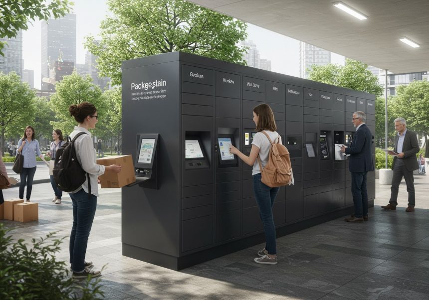 Persoane folosind automate poștale pentru a trimite și ridica colete într-un mediu urban.