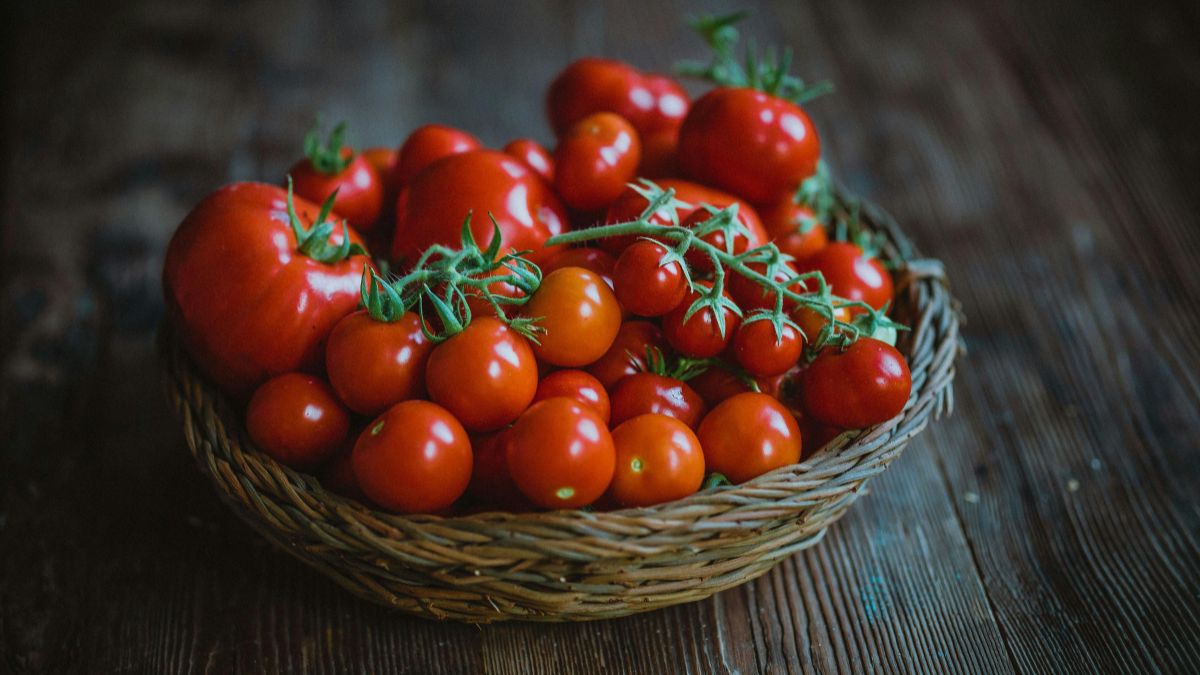 O tavă plină cu roșii proaspete, variate ca mărime și formă, pe un fundal de lemn.