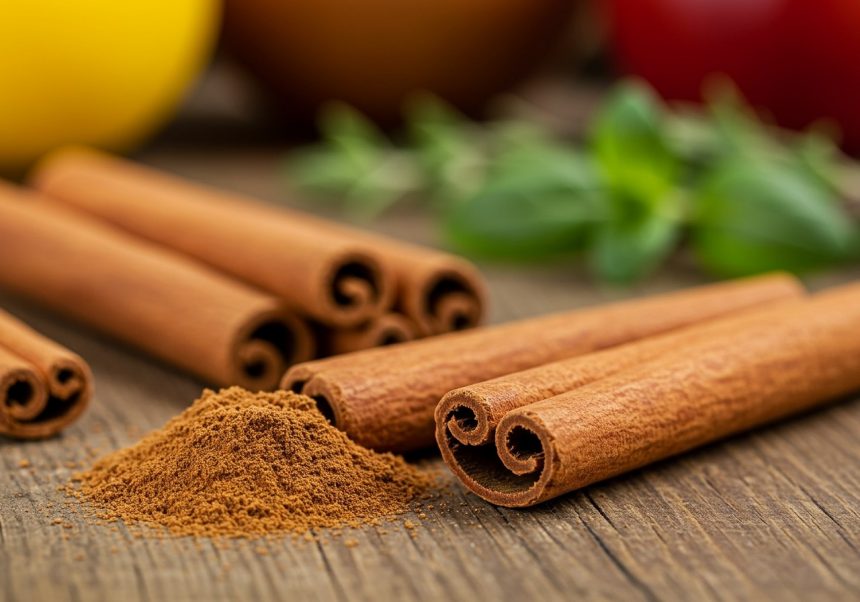 Bastonașe de scorțișoară și pudră de scorțișoară pe o masă de lemn.