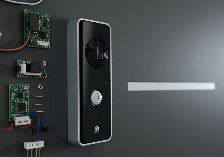 Sonerie electrică modernă cu componente electronice vizibile pe perete.