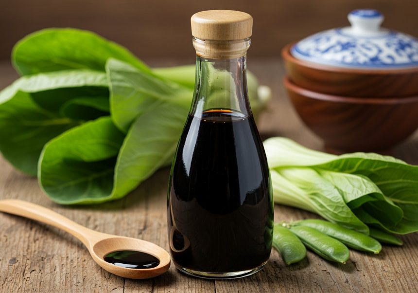 Sticlă de sos de soia pe o masă de lemn, înconjurată de legume proaspete.