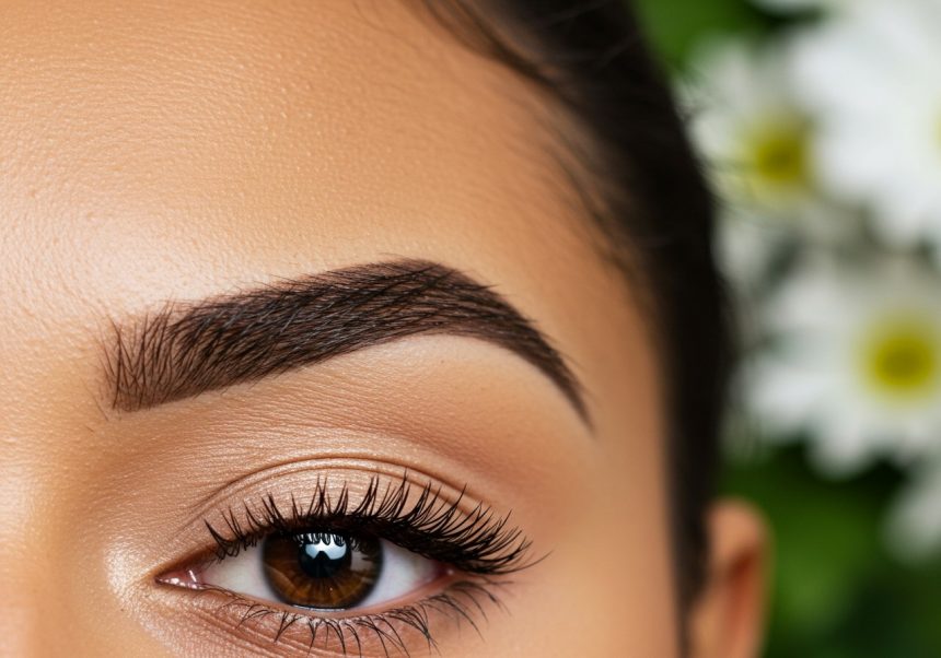 Primul plan al unei sprâncene perfect conturate, evidențiind frumusețea naturală a feței.