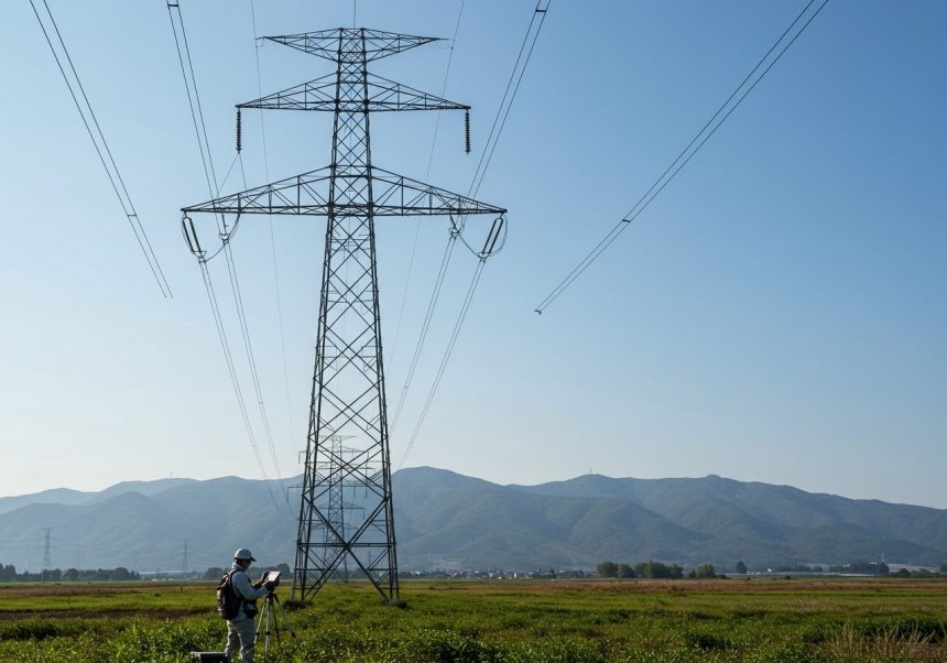 Un stâlp de înaltă tensiune într-un peisaj rural, cu un om care face măsurători.