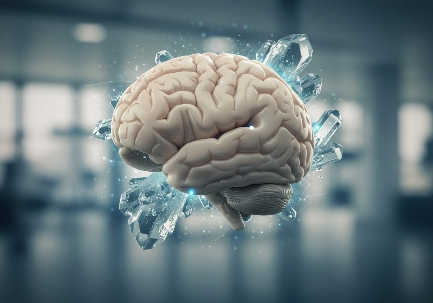 Un creier uman stilizat, înconjurat de cristale strălucitoare, simbolizând terapia cu litiu.