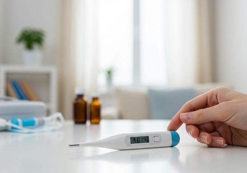 Un termometru electronic pe o masă, arătând temperatura de 36.8°C, într-un mediu de acasă.