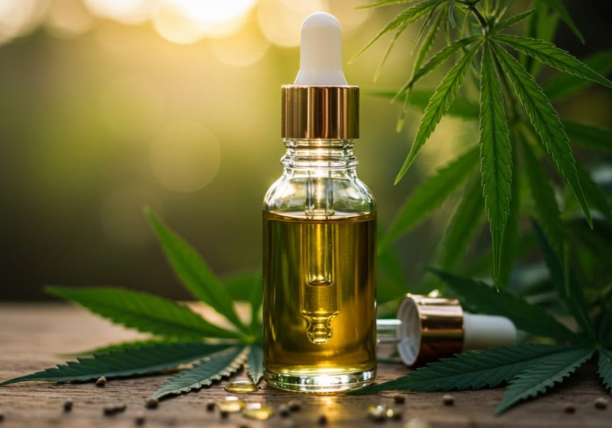 Sticlă de ulei de cânepă pe o masă de lemn, înconjurată de frunze verzi.