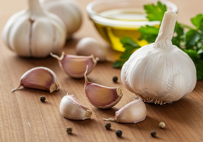 Usturoi proaspăt, căței de usturoi și ulei de măsline pe o masă de lemn.