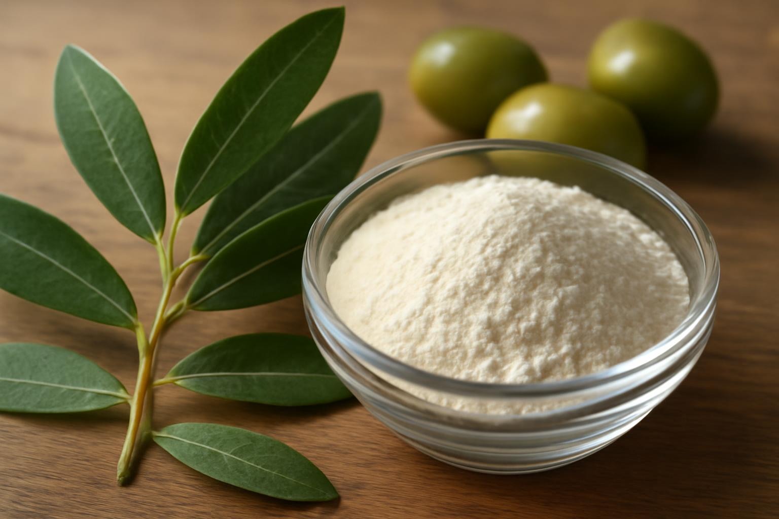 Pulbere albă de acid oleanolic într-un bol, alături de frunze verzi și măsline.