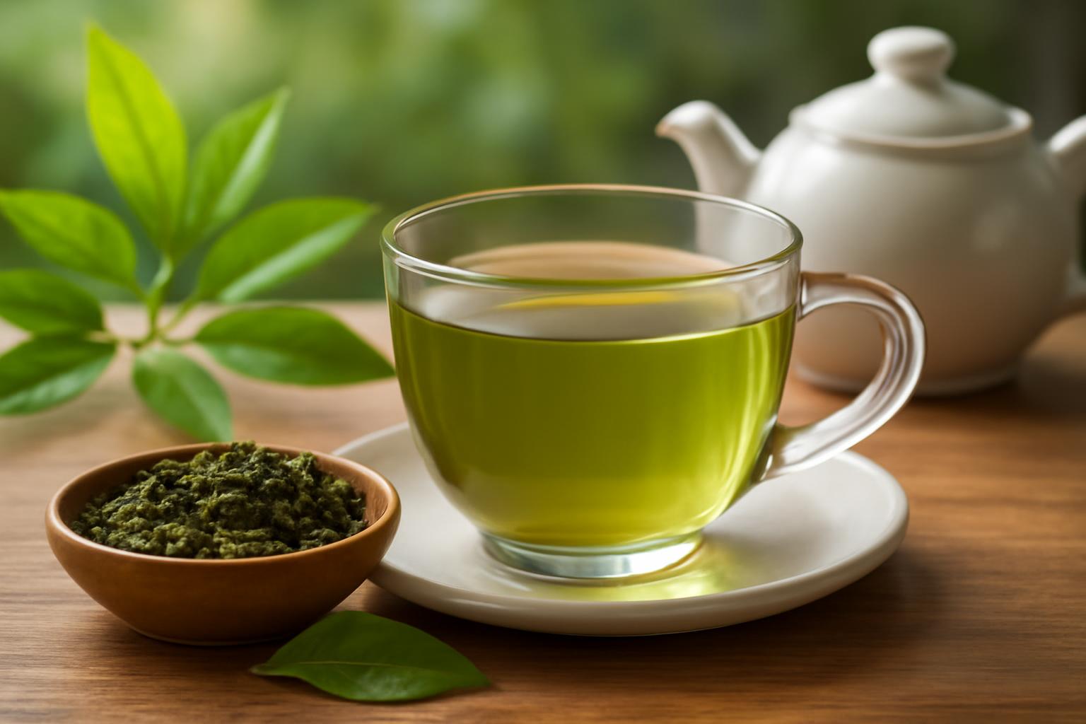 O cană de ceai verde Naturland alături de pulbere de frunze de ceai și frunze verzi.