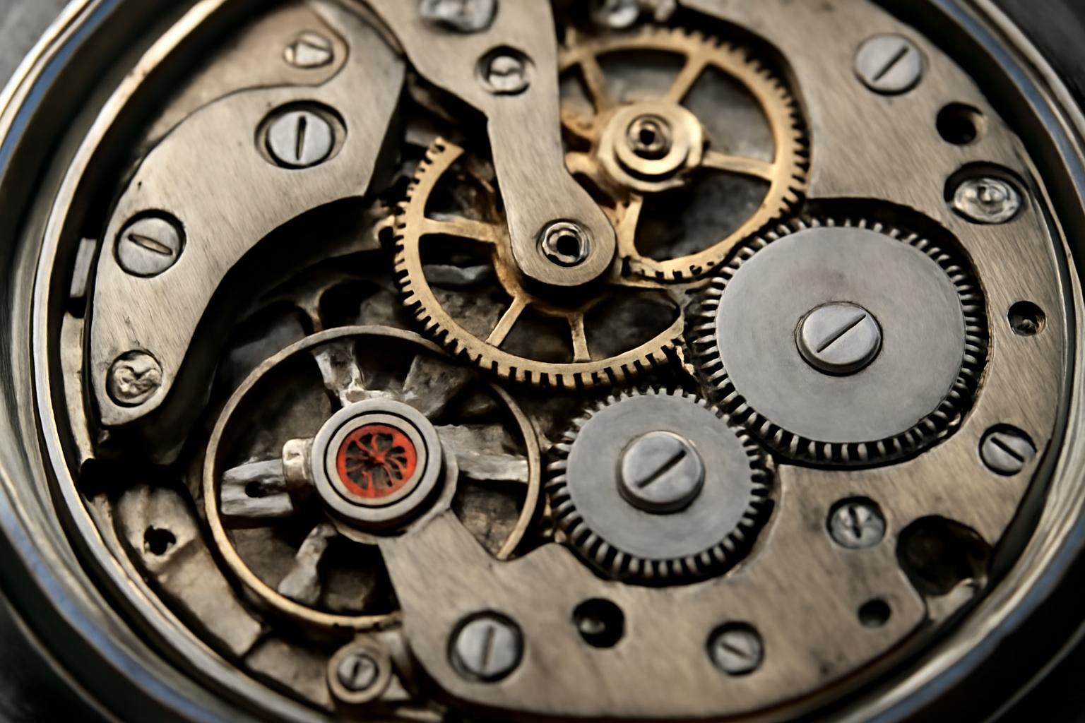 Mecanisme complexe ale unui ceas, incluzând roți dințate și arcuri.