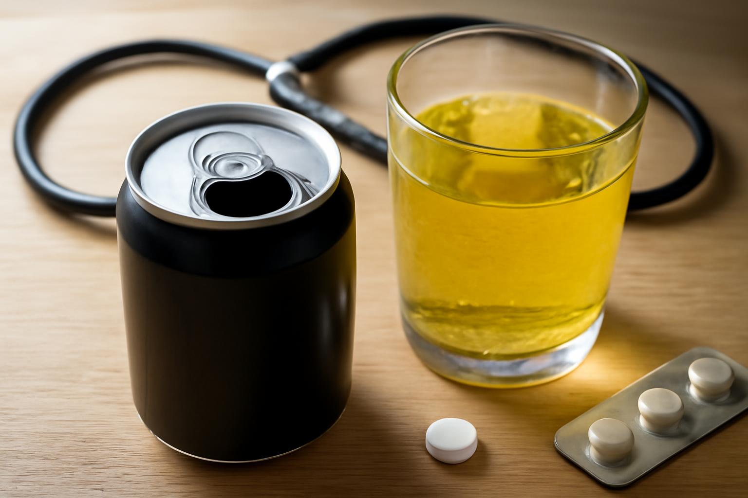 O cutie de băutură energizantă și un pahar cu lichid galben pe o masă.