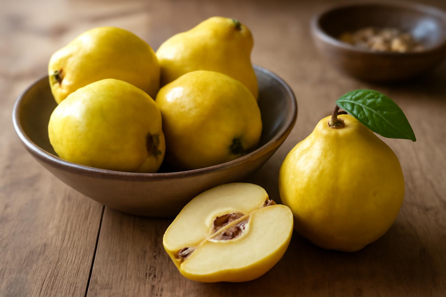 Gutuie galbenă, proaspătă, tăiată în jumătate, alături de altele într-un bol.