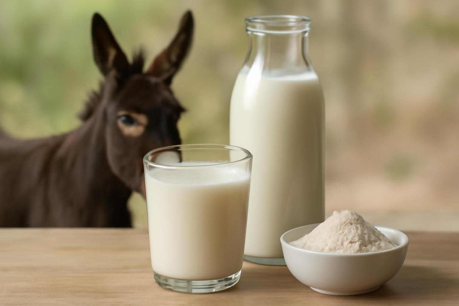 Un pahar de lapte de măgăriță alături de o sticlă și pulbere de lapte, cu un măgar în fundal.