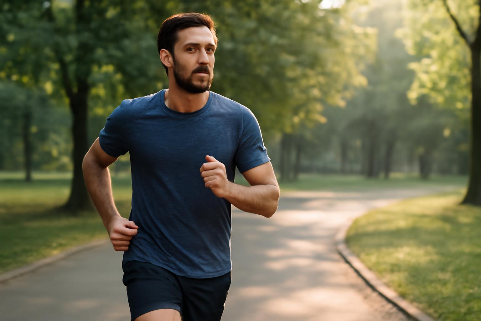 Bărbat alergând într-un parc, îmbrăcat în tricou și pantaloni scurți.
