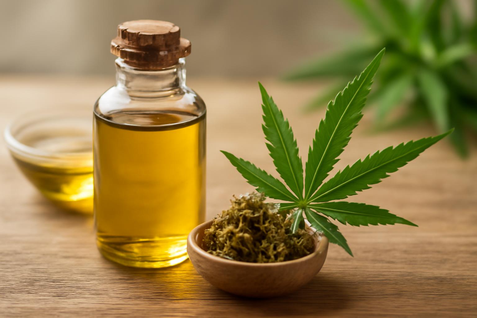 Sticlă de ulei de canabis medicinal alături de frunze verzi și plante uscate.