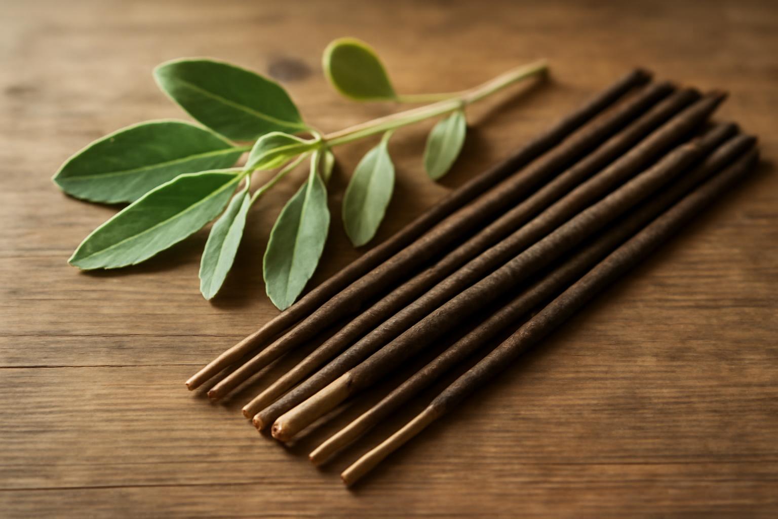 Bețișoare parfumate cu salvie albă alături de frunze verzi proaspete.