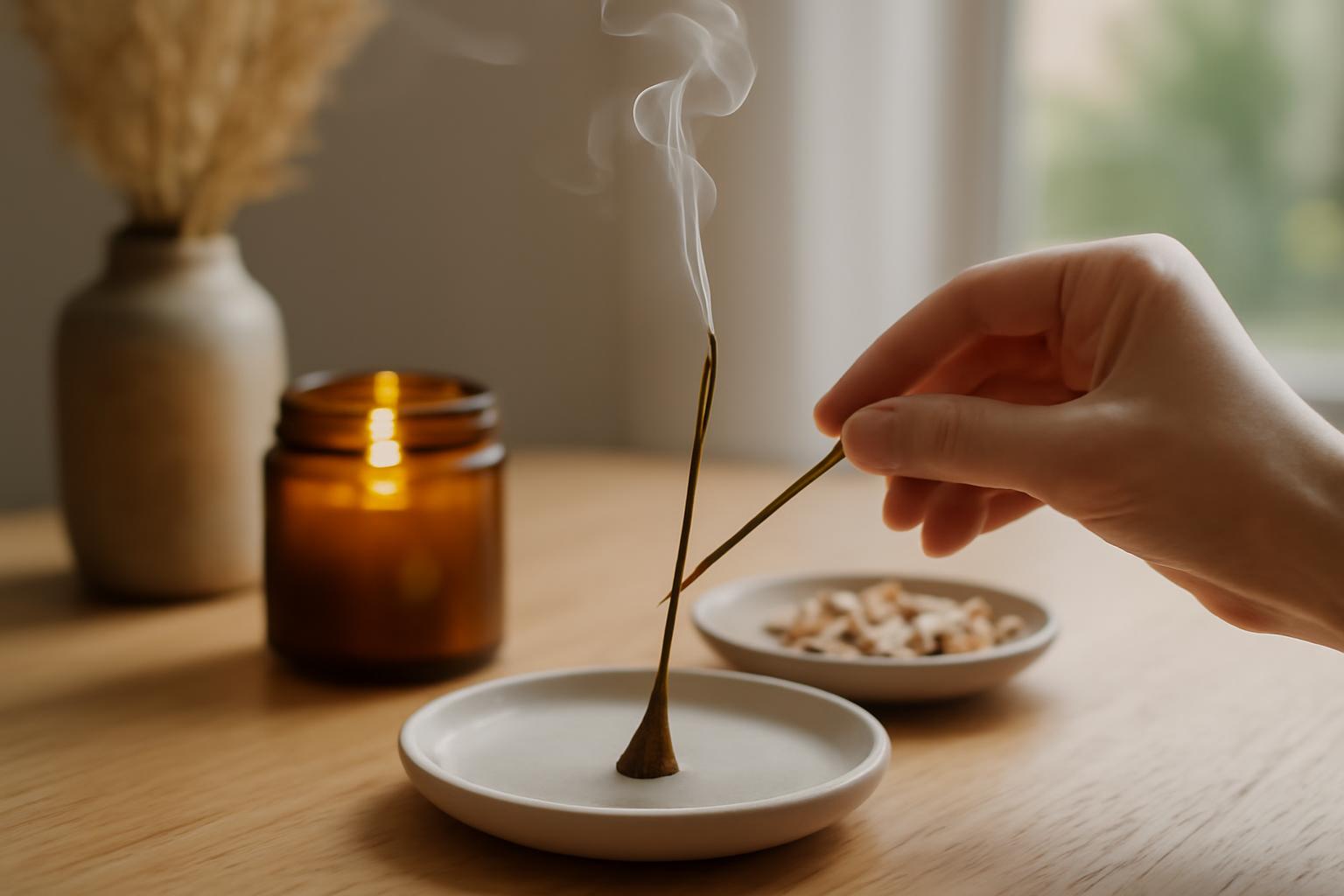 O mână aprinde un bețișor parfumat pe o farfurie albă, cu un lumânare și un vas decorativ în fundal.