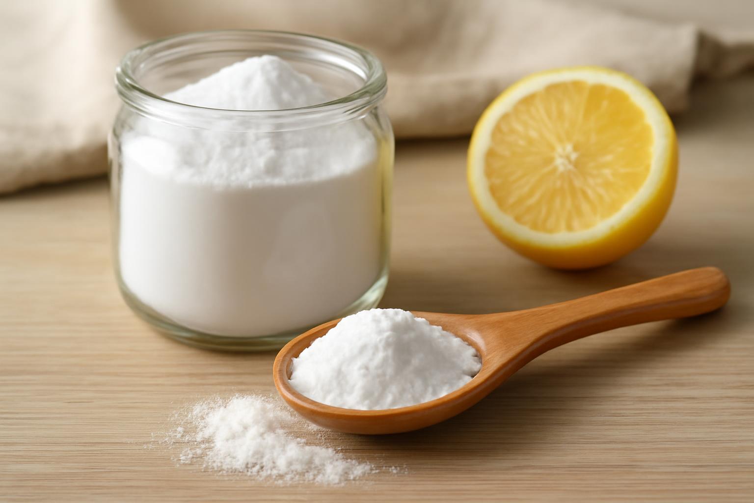 Un borcan cu bicarbonat de sodiu și o lingură plină, alături de o lămâie tăiată.