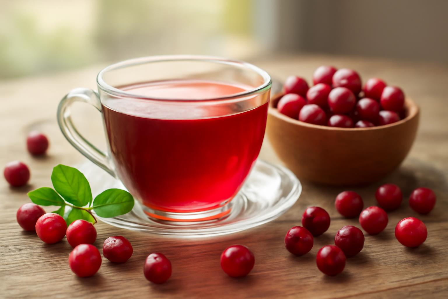 Ceai de merișor într-o cană, alături de merișoare proaspete pe masă.