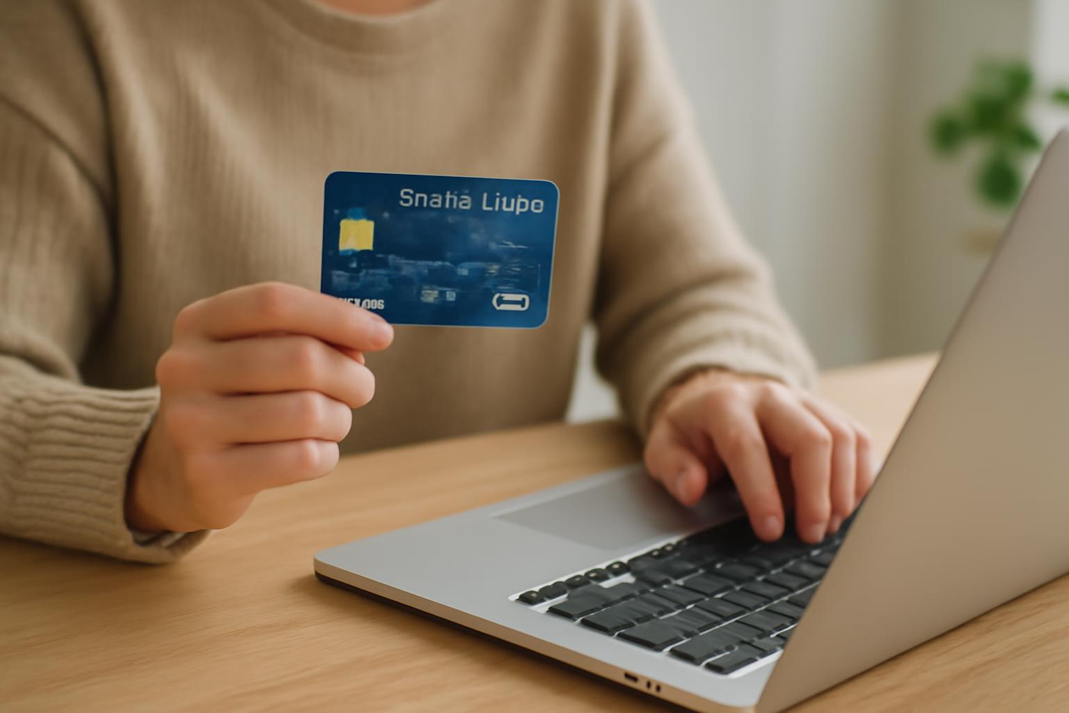 O persoană ținând un card de credit în fața unui laptop pe o masă de lemn.