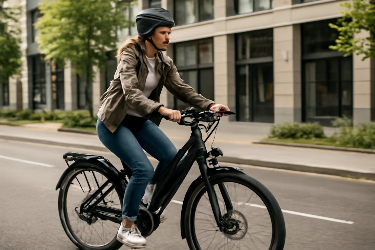 O femeie pedalează pe o bicicletă electrică pe o stradă urbană.
