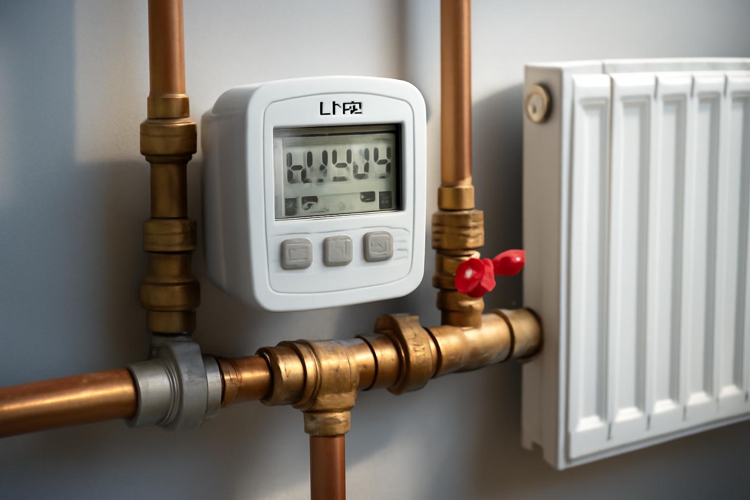 Contor de energie termică ISTA montat pe țevi de încălzire, lângă un radiator.