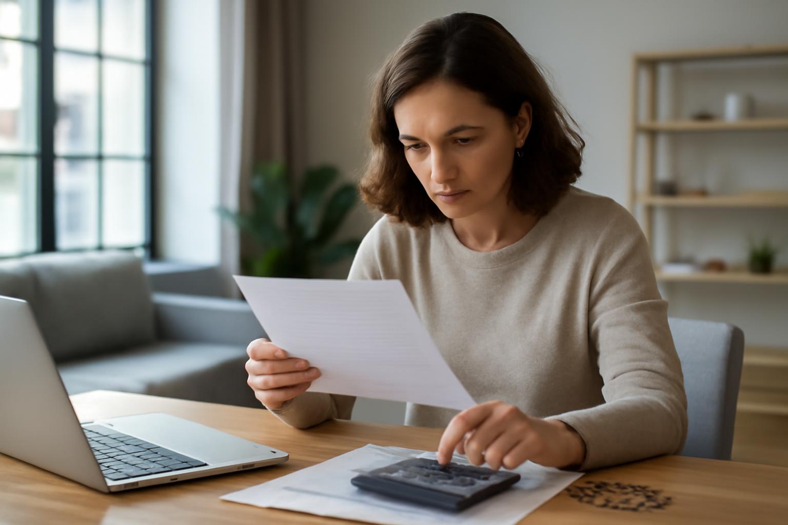 O femeie analizează un document financiar în timp ce folosește un calculator.