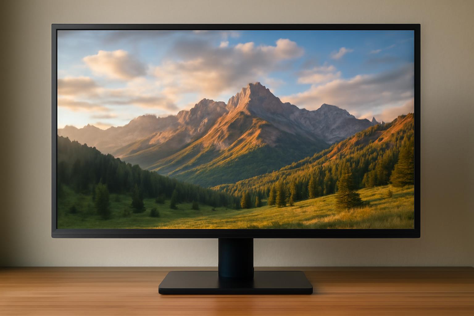 Ecran IPS care afișează un peisaj montan cu culori vibrante și detalii clare.