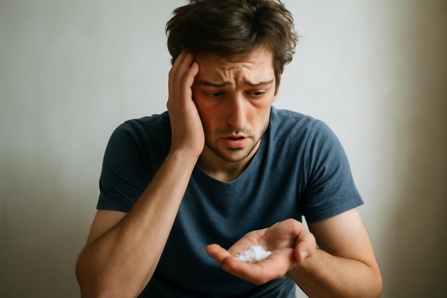 Un bărbat îngrijorat ține în palmă o substanță albă, reflectând efectele consumului de speed.