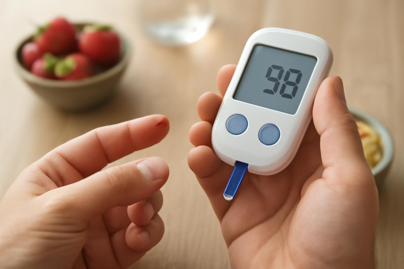 Un dispozitiv de măsurare a glicemiei arată un nivel de 98 mg/dL.