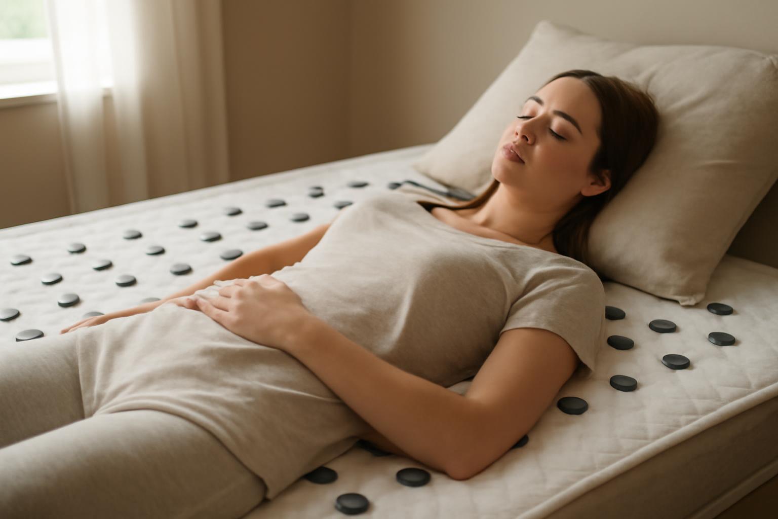 O femeie relaxându-se pe un pat magnetic, cu ochii închiși, într-un mediu calm.