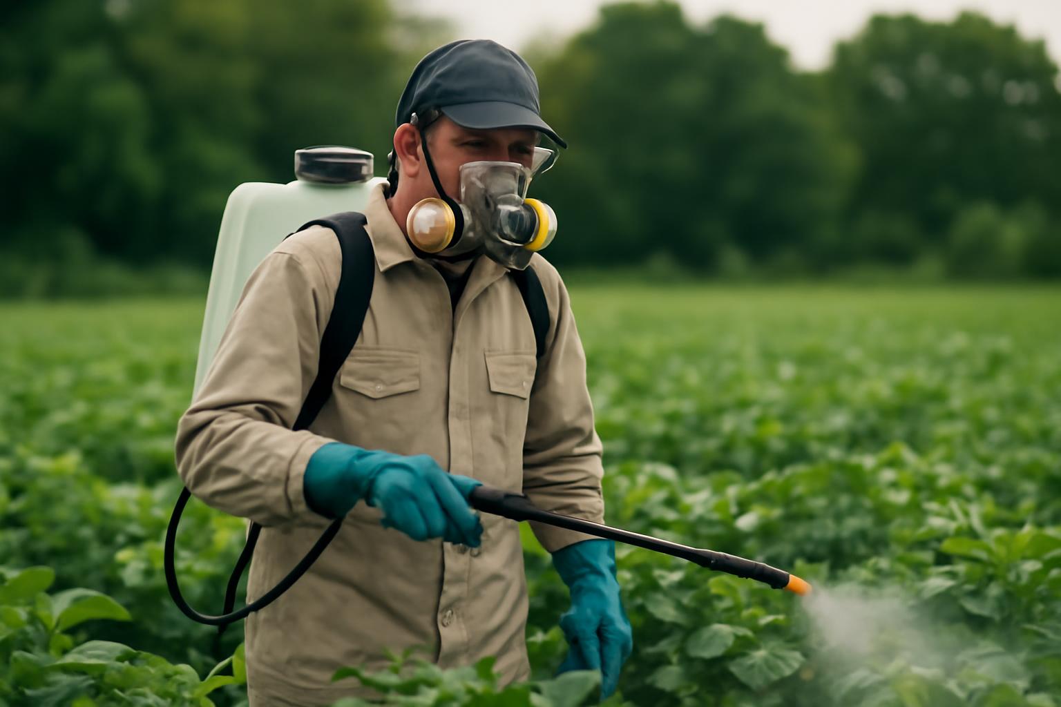Un agricultor aplică pesticide pe o cultură de legume, purtând echipament de protecție.