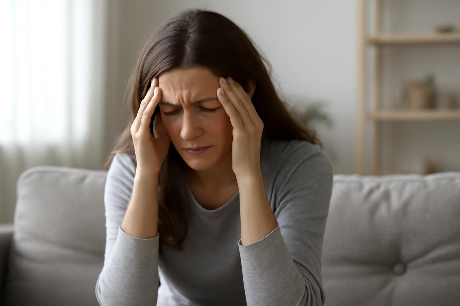 O femeie cu expresie de disconfort, ținându-se de cap pe o canapea.