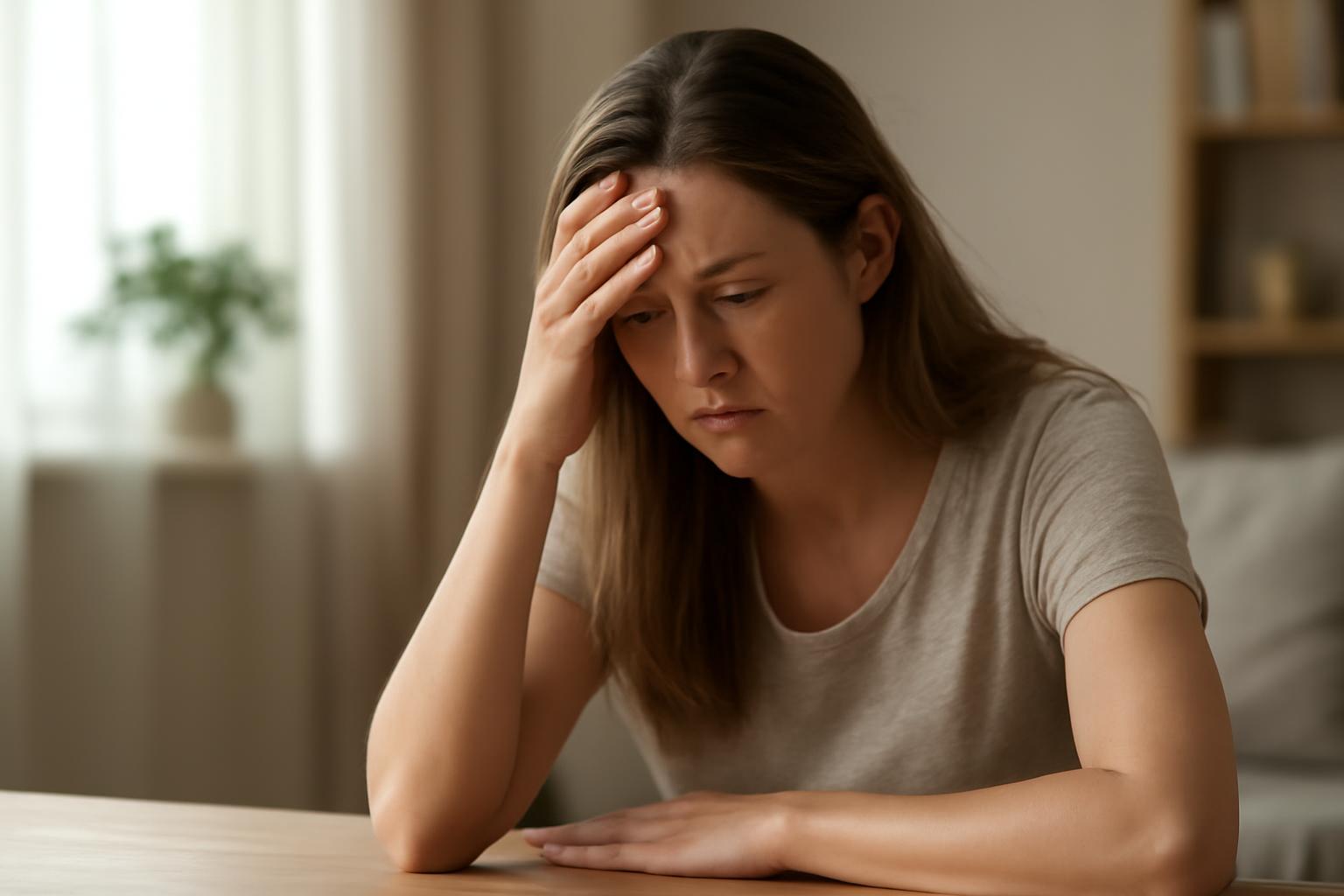 O femeie cu expresie îngrijorată, ținându-se de frunte, reflectând asupra stresului.