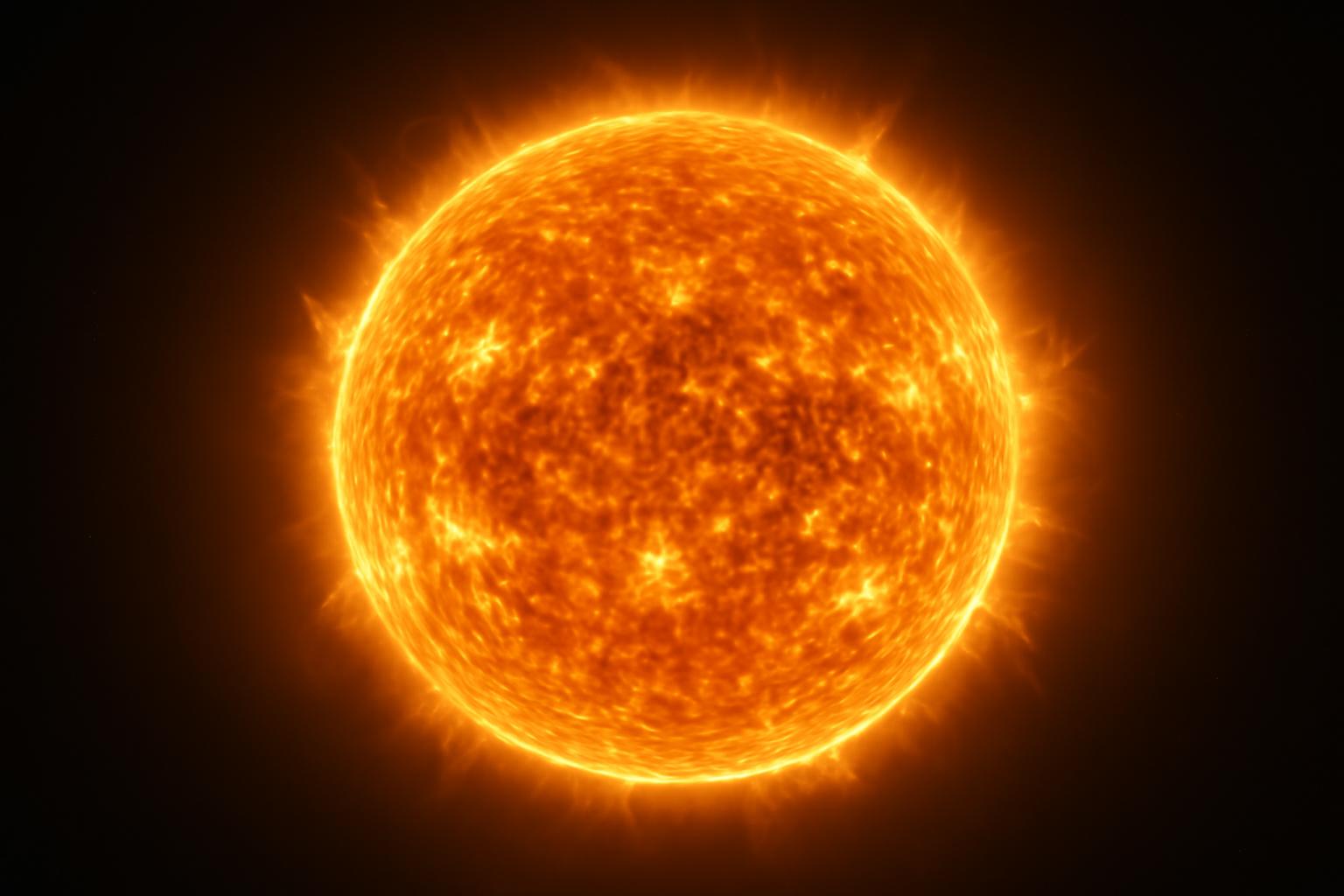 Imaginea arată Soarele strălucitor, cu flăcări și pete solare vizibile.