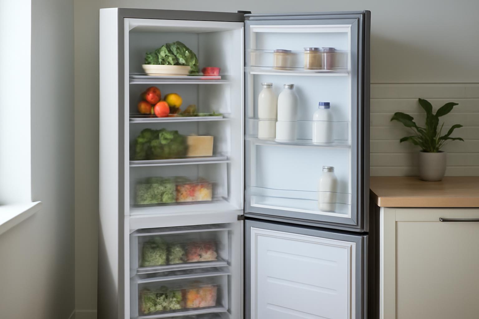 Un frigider cu compresor deschis, plin de legume, fructe și produse lactate.