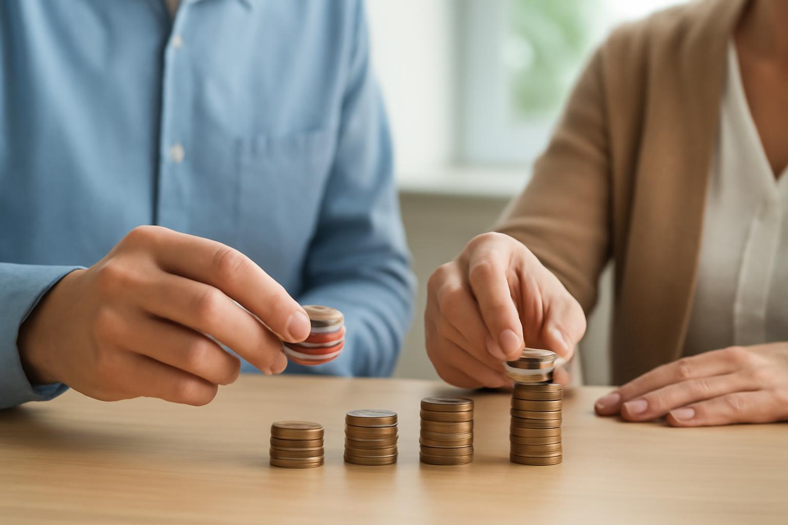 Două persoane adaugă monede la grămezi pe o masă, simbolizând economisirea.